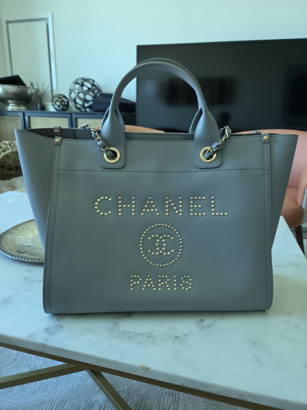 Chanel Studded Deauville Caviar Leather Tote Bag